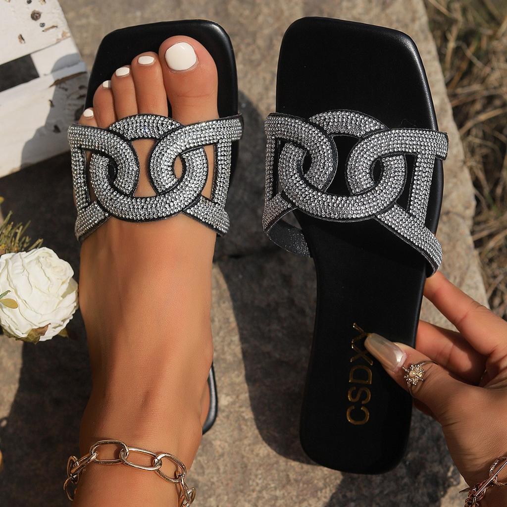 Rhinestone flat-bottomed slippers women's square head one pedal home slippers foreign trade large size FlatSlippers