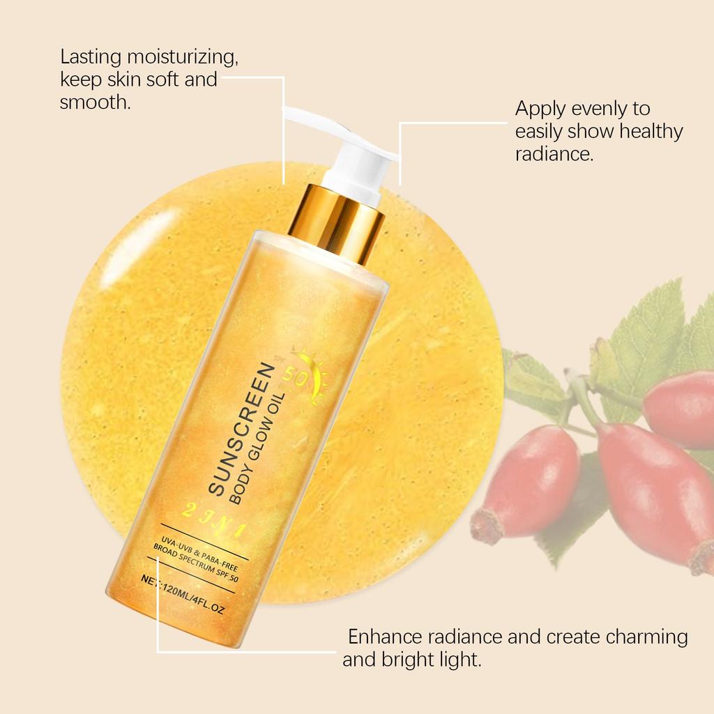 Solkrem Glow Oil, solkrem kroppsolje lett skinnende gel med ikke-klebrig tekstur, glødende, gyllen, 120 ml