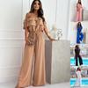Women's Off Shoulder Ruffle Jumpsuit Solid Elastic Waist Wide Leg Long Pants Romper