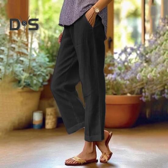 Women Pants Mid-rise Elastic Waist Leisure Pants Solid Color Straight Wide-Leg Casual Pants with Pockets