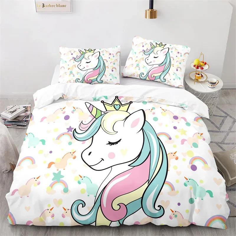 Cartoon Unicorn Duvet Cover Floral Rainbow Quilt Cover Microfiber 3D Girl's Eyelash Bedding Set Full For Kids Teen Kawaii Room
