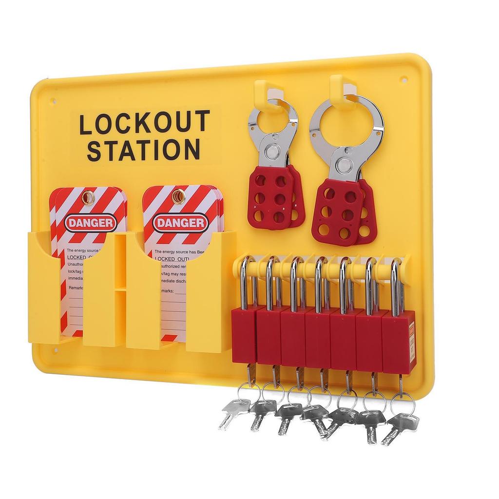 Lockout Tagout Station Kit PC PA Wall Mount Industrial Safety Lock Board Set with 10 Tags 2 Hasp Lock Yellow