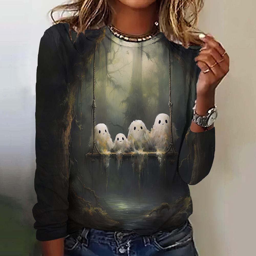Family Of Ghosts Pattern Print Funny Women's T-shirt Halloween 2024 New Long Sleeves T Shirt Tops Fashion Y2K Clothes Streetwear