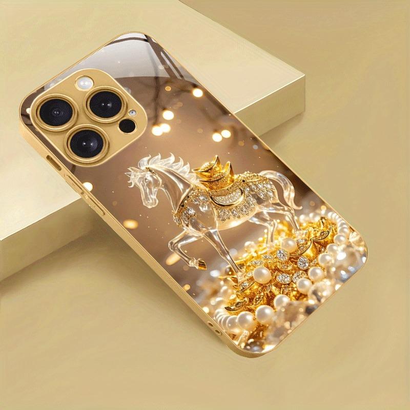 Crystal Golden Horse Pearl Ingot Metallic Paint Glass Phone Case For iPhone 17 16 15 14 13 12 11 Pro Max Plus 17 Air 16E Cover