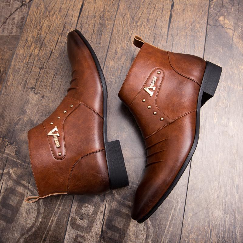 Fashion Fashion Designer Mens Side Zipper Ankle Boots  Classic Pointed Toe Male Chelsea Boots Handmade Leather High Top Shoes Business