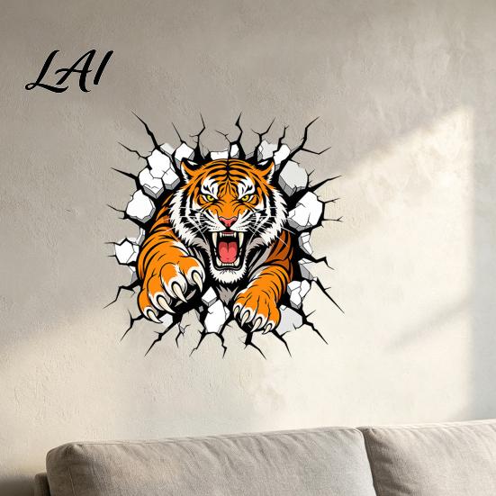 Easy Apply Wall Coverings 3D Tiger Stickers Peel And Stick Roaring Decals Removable PVC Vinyl Stickers Art Mural Decor Realistic Cracked