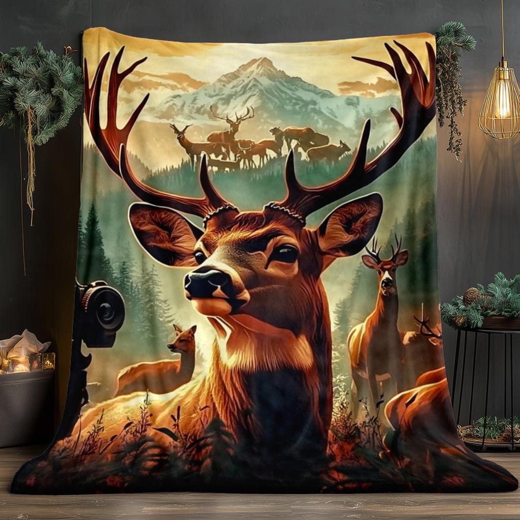 1pc Deer Mountain Forest Wildlife Scene Fleece Blanket Nature Landscape Art Soft Throw for Outdoor Enthusiasts