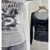 2KWEIRD Women Retro Y2K Hot Girl One Shoulder Mesh Sunscreen Cover Up Camisole Long Sleeve T-Shirt Two-piece Tops Suit Daily Outfit