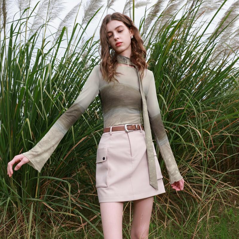 Sancai 2026 Spring Mesh One-Shoulder Printed Long Sleeve Blouse M