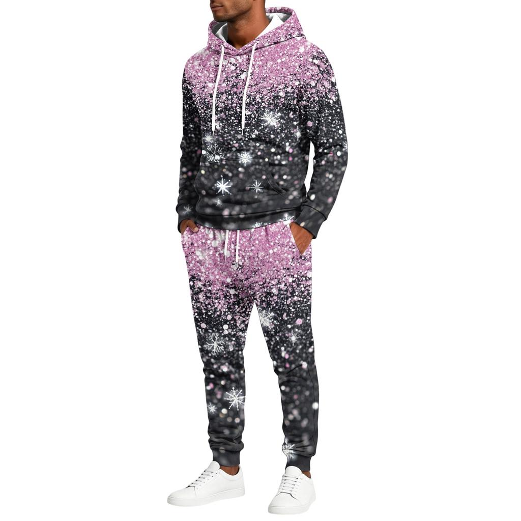 Men's Casual Christmas Print Hoodie and Straight-Leg Sweatpants Two-Piece Set for Holiday Celebration