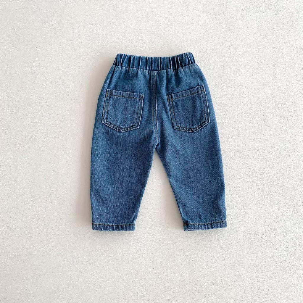 Spring Autumn Fashion Children Solid Jeans Girl Baby Retro Denim Casual Pants Boy Kid Pockets Cotton Trousers Toddler Dungarees