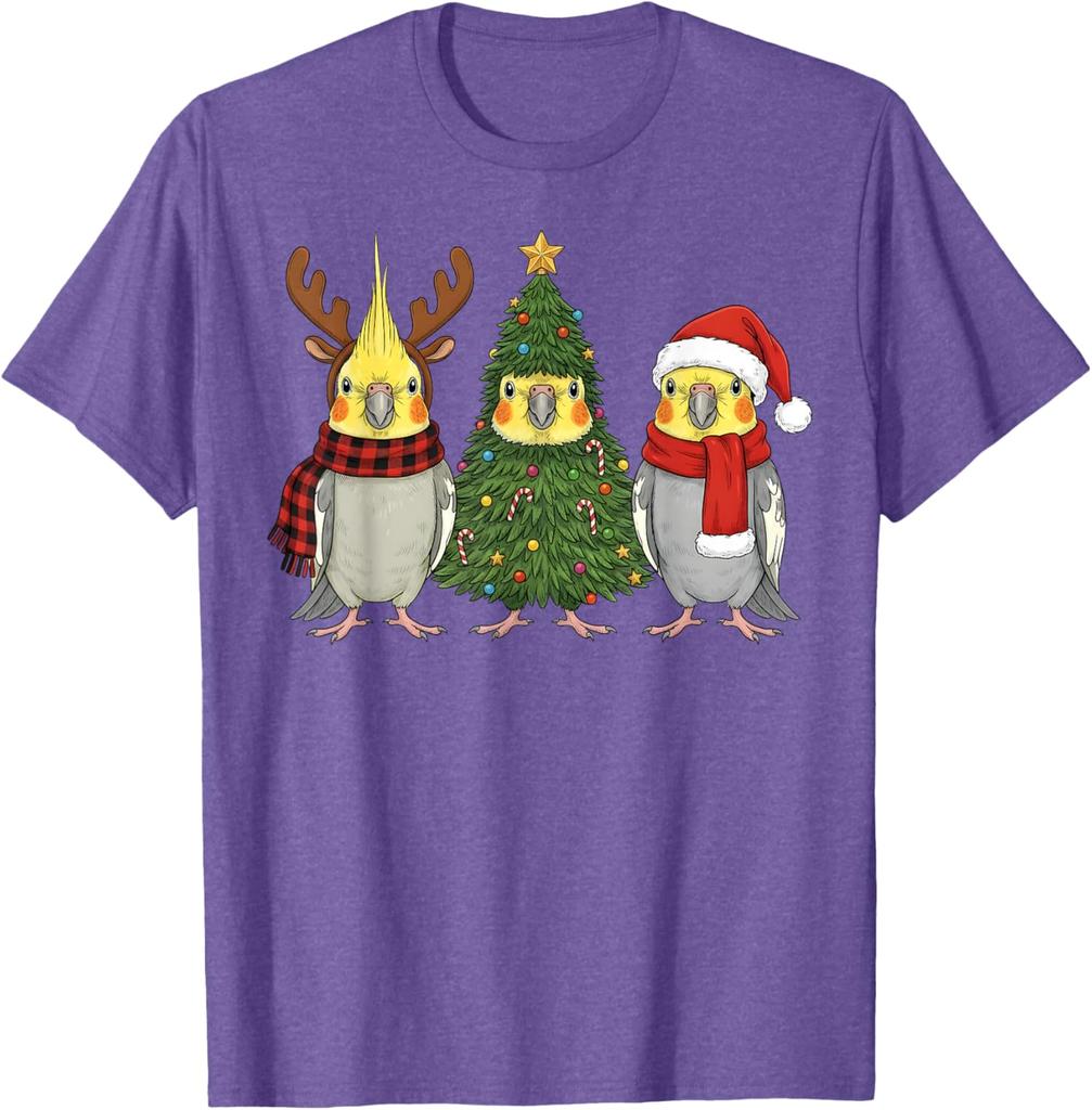 Funny Cockatiel Christmas T-Shirt Santa Reindeer Parrot Graphic Tee Unisex Casual Cotton Print