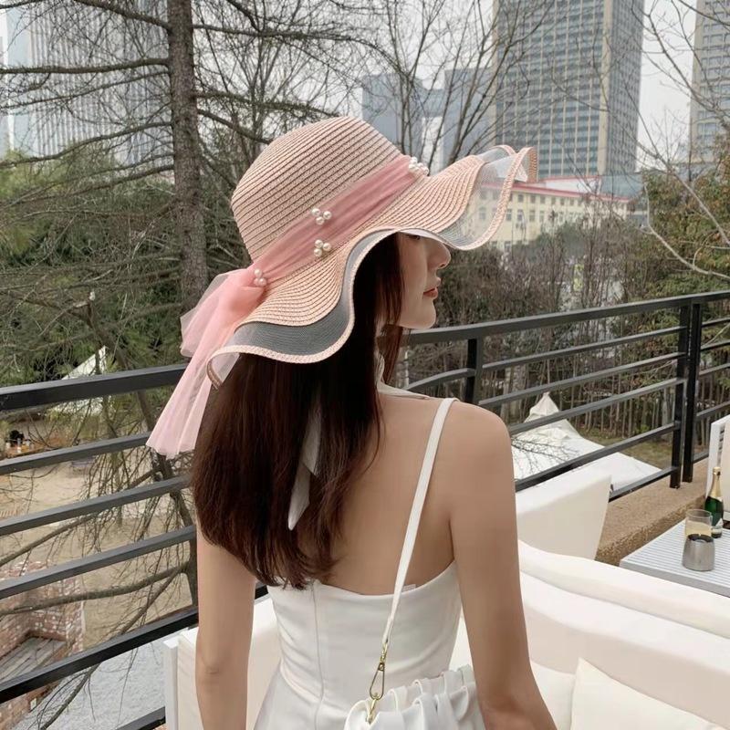 Summer Foldable Wide Edge Girl Straw Pearl Sun Hat Beach Wave Hat UV Protective Travel Hat Women's Beach Hat Holiday Gift