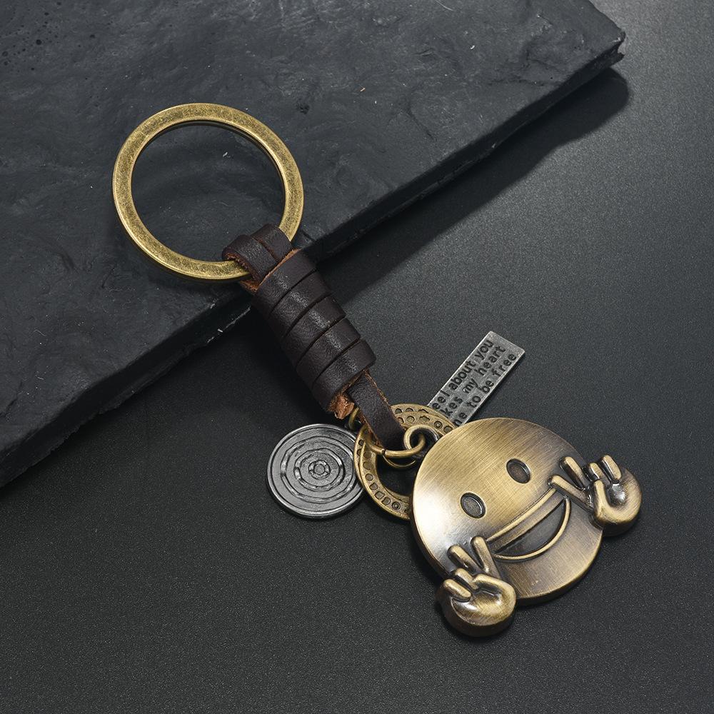 Bicycle Keychain Men's and Women's Gifts Alloy Bronze Smiley Face Hexagram Retro Woven Cowhide Keychain