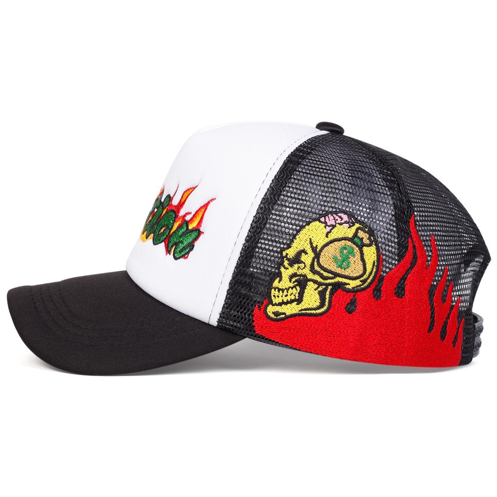 Men Motion Flame Side Skulls Embroidered Baseball Cap Mesh Hat Outdoor Adjustable Sunscreen Leisure Hat Spring Autumn Travel Tourism Beach Vacation