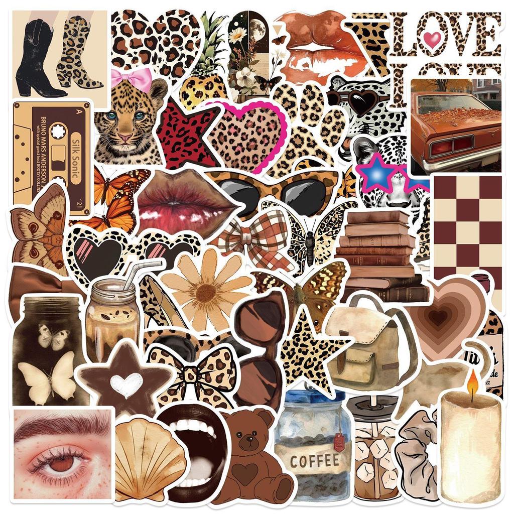 50pcs Leopard Love Stickers Set Retro Aesthetic Downtown Girls Stickers Cool Trendy Y2K Stickers for Laptop Skateboard