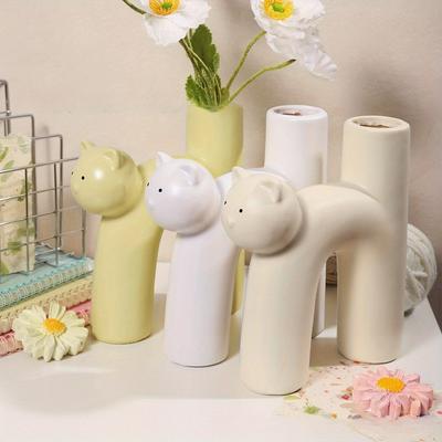 1PC Cream Cat Resin Vase Ornament Living Room Dining Table Entryway Decoration Pastoral Aesthetic Cat Small Objects Display Table