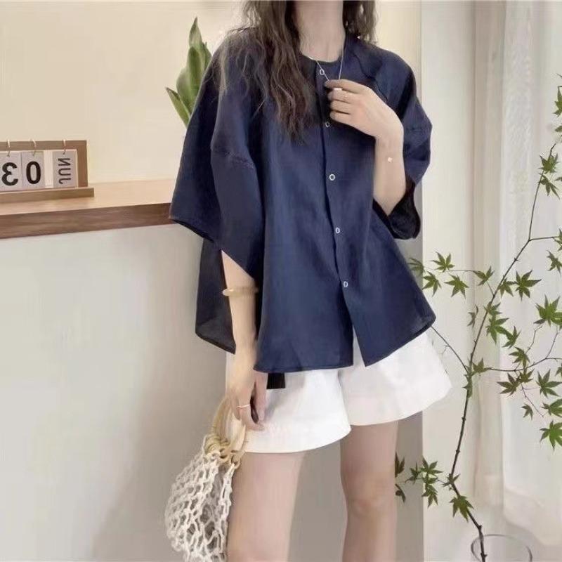 Women's Loose Round Neck Versatile Casual White Ramie Shirt for Spring Summer Temperament Shirt