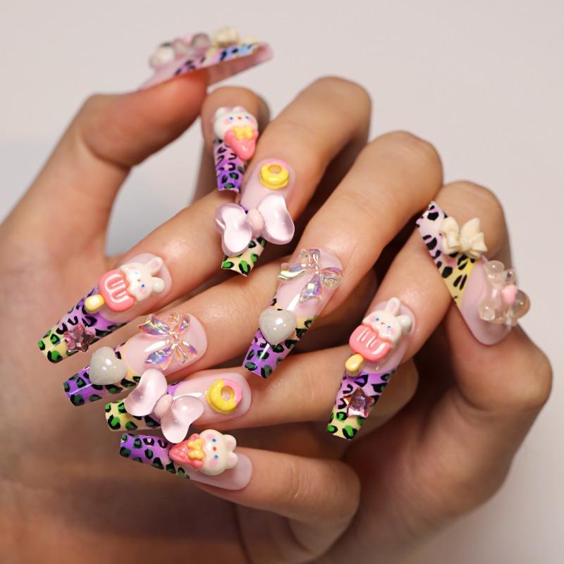 French Colored Leopard Print Nail Art Sweet Cute Three-dimensional Bow Wearable Rabbit Heart Piece Finished Product