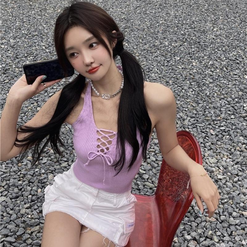 Summer Spice Style Design Sense V-tie with Slim Halter Vest Knitted Halter Top with Chest Blouse