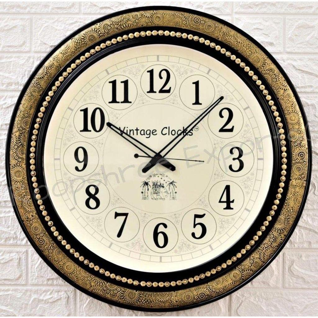 Extra Große Handgefertigte Holz-Analoguhr mit Messingintarsien / Englische Ziffern