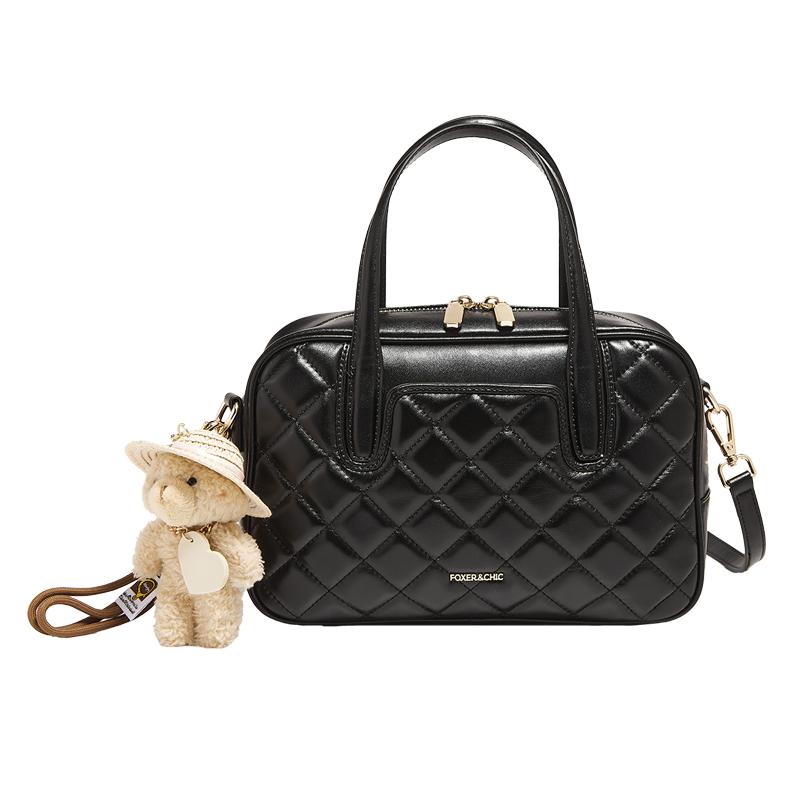 

FOXER Women s Genuine Leather Handbag Cute Bear Pendant Portable Lady Shoulder Bag Quilted Spring Daily Commute Crossbody Bag