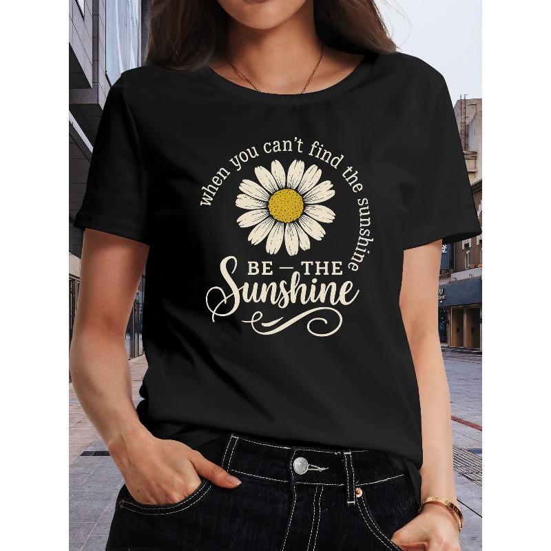 Sunshine Printed T-Shirts, Patterned Printed Round-Neck T-Shirts, Round-Neck Short-Sleeved T-Shirts, Round-Neck Tops, Casual Short-Sleeved T-Shirts