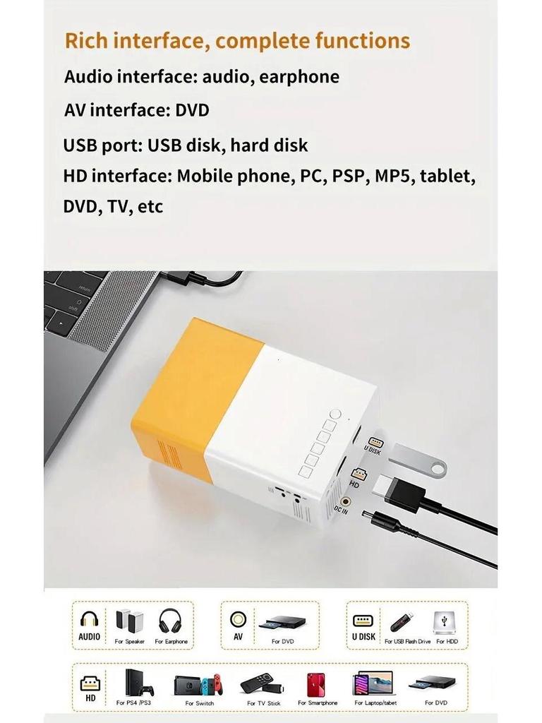 Yellow-White YG300 HD Mini LED Projector for Dormitory and Home