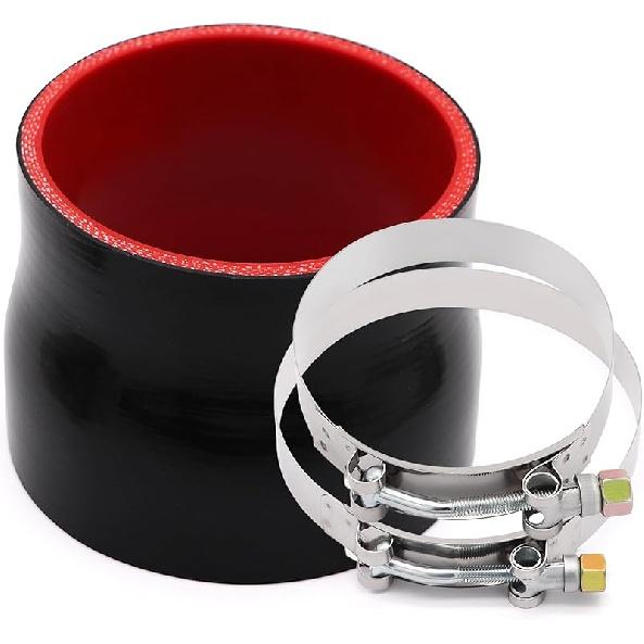 3 To 4 Inches Straight Black Silicone Reducer Coupler With 2 T-Bolt Clamps 4 Layers Of Polyester Reinforcement Suitable High Level Turbo Pipe