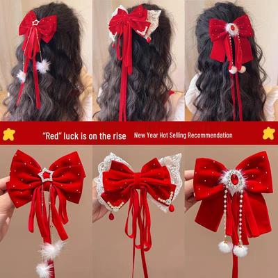 Girls' Chinese Style Red Bow Crown Hair Clip - New Year Headwear