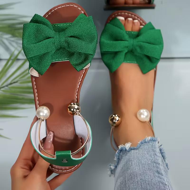 Nowy Styl Damskie Wygodne i Proste Sandały Płaskie z Odkrytymi Palcami i Okrągłym Noskiem, z Kokardką i Metalowymi Koralikami, Idealne na Lato