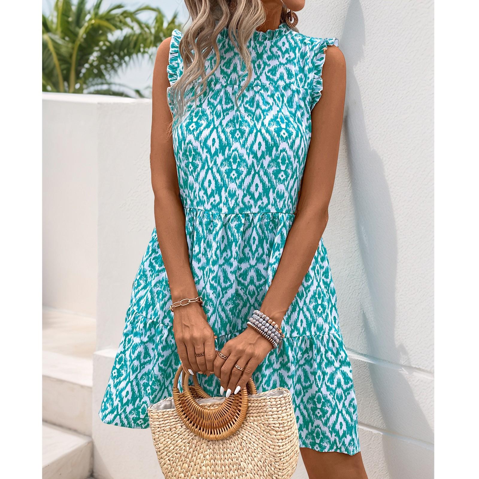 

Женское повседневное и модное платье без рукавов с кружевным воротником и принтом XL небесно-голубой