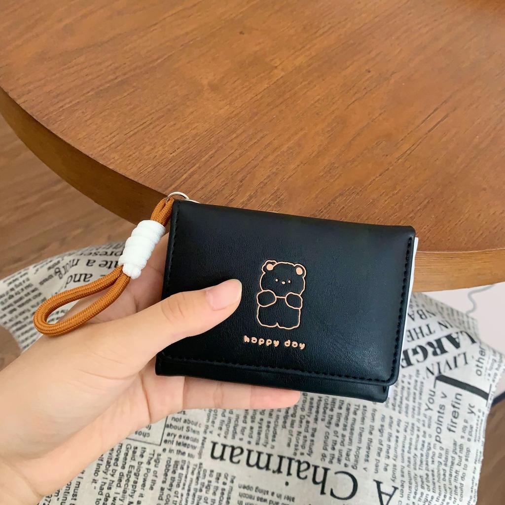 Bear Printed Wallet Ins Female Multifunctional Cute Student Storage Card Pack Triple Fold Lanyard Wallet