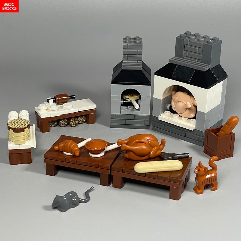 MOC Mattoncini Forno Cucina Pollo arrosto Cibo Pizza Cottura Panino ripieno al vapore Blocchi da costruzione Città Amici Giocattoli fai-da-te per Bambini