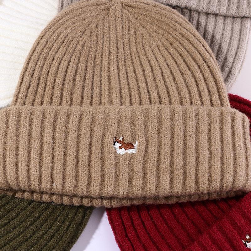 Autumn and Winter Hat Women Cartoon Puppy Embroidered Knitted Hat Student Warm Ear Protection Wool Hat Outdoor Jacket Cold Hat Man