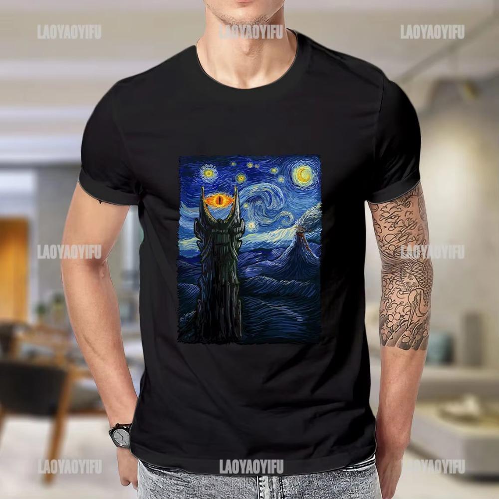 ClassicVintage Men T Shirt Vincent Van Gogh The Starry Night with Middle Earth Sauron Tower Printed Woman Tshirt Streetwear