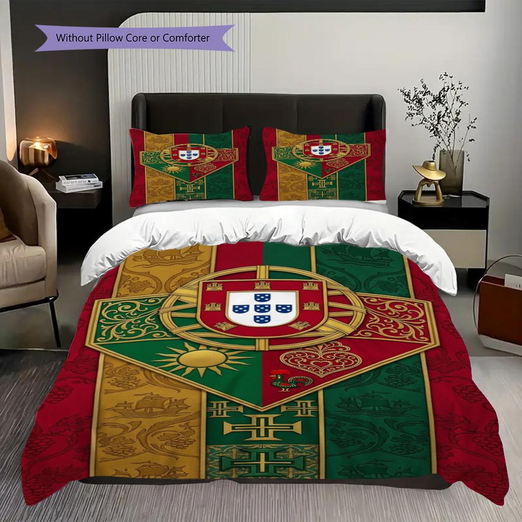 Portuguese Heritage Emblem Three-piece Set (1 * Duvet Cover + 2 * Pillowcase, Without Core) Christmas Birthday Gift Duvet Cover and Pillowcase