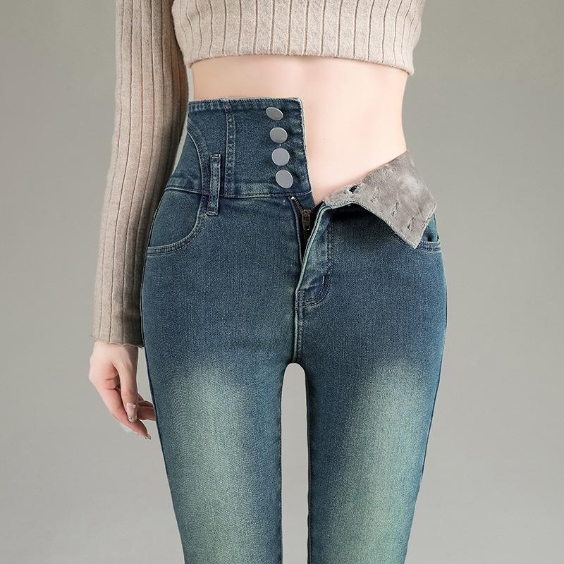 New autumn and winter women's clothing velvet jeans, thin high-waisted breasted leggings, versatile women's pants