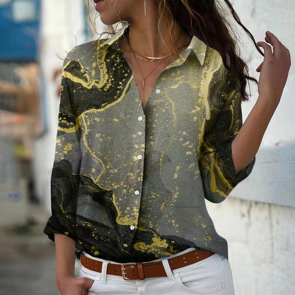 Flowing Sand Print Women Blouse Spring Autumn Femme Office Lady Button Up Turn Down Collar Shirts