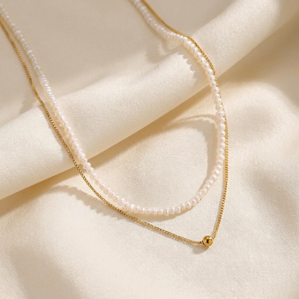 Elegant Two-Layer Pendant Necklace with Freshwater Pearls and Gold Chains - Minimalist Jewelry for Everyday Wear