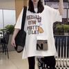 New Summer Women's T-shirt Short-sleeve Cotton Mid-Length Pocket Loose Slim Shirt Split Round Neck Cartoon Letter Printed Tops