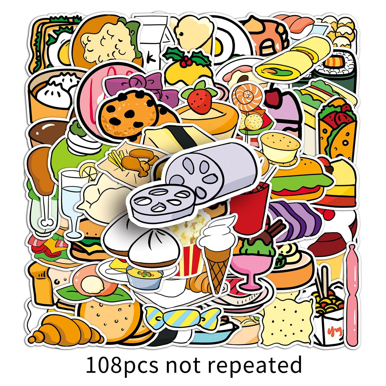 

108 Cartoon Food Cute Hand-painted Gum Card Hand Account Children Reward Decorative Water Cup Suitcase Stickers