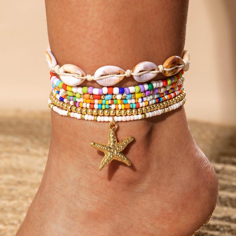 Bohemian holiday style acrylic shell woven anklet, beach style resin starfish anklet seven pieces