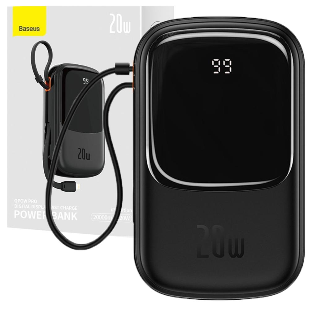 Powerbank Baseus Qpow Pro with Lightning Cable, USB-C and USB Port, 20000mAh, 20W (Black)