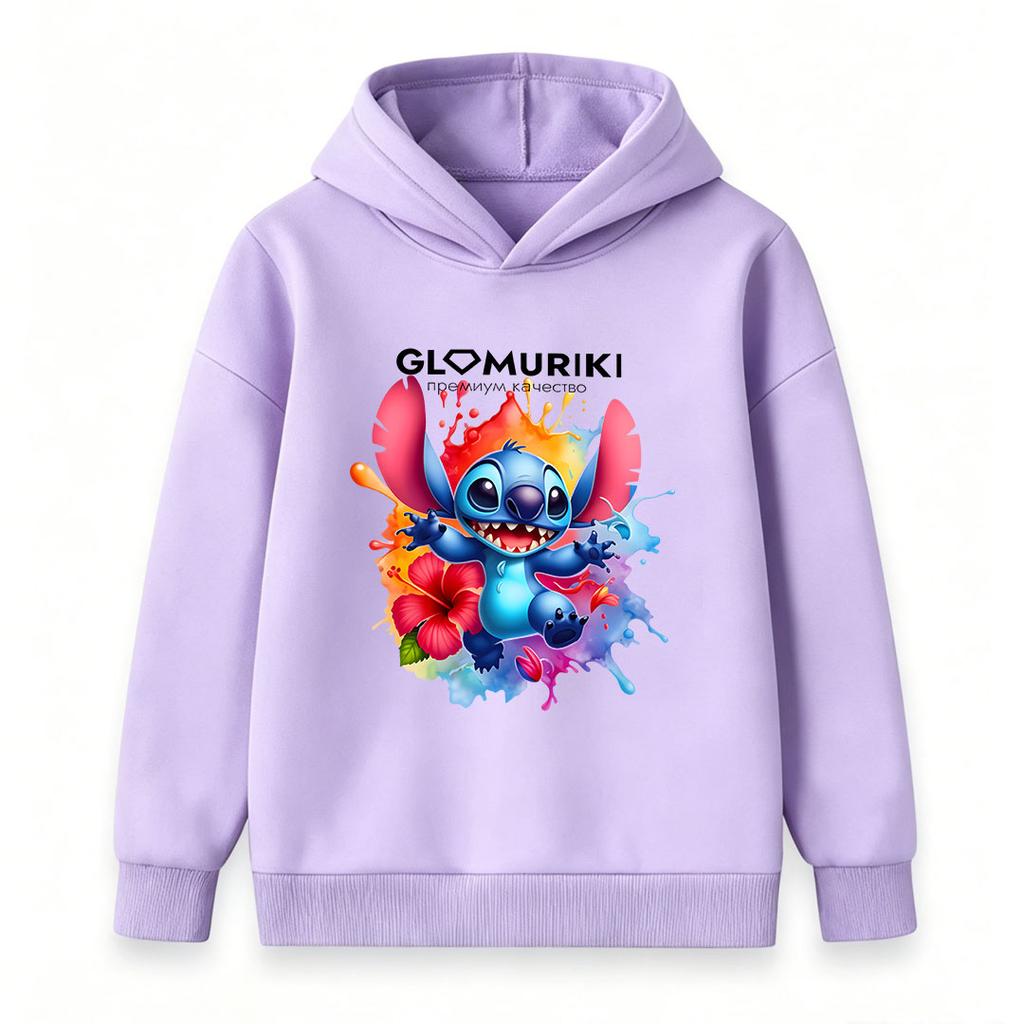 Kids Boys Girls Casual Stitch Print Long Sleeve Hoodie, Cute Cartoon Graphic Pullover Sweatshirt, Colorful Floral Paint Splash Pattern Soft Hooded Top