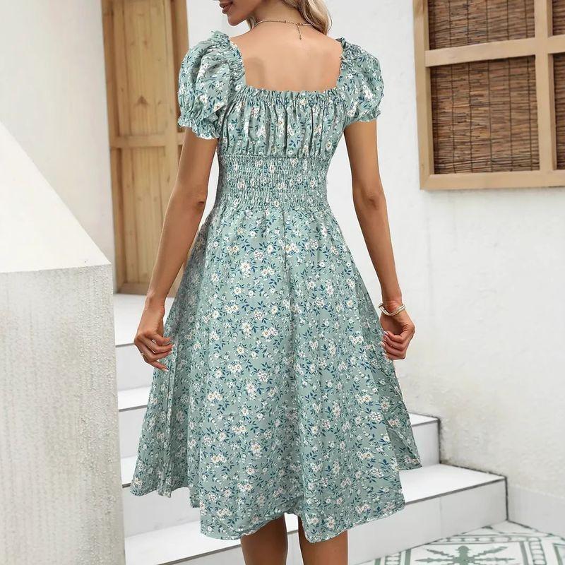 European and American Short sleeve Skirts Women clothes New Retro Floral Puff sleeve French style Slim dress