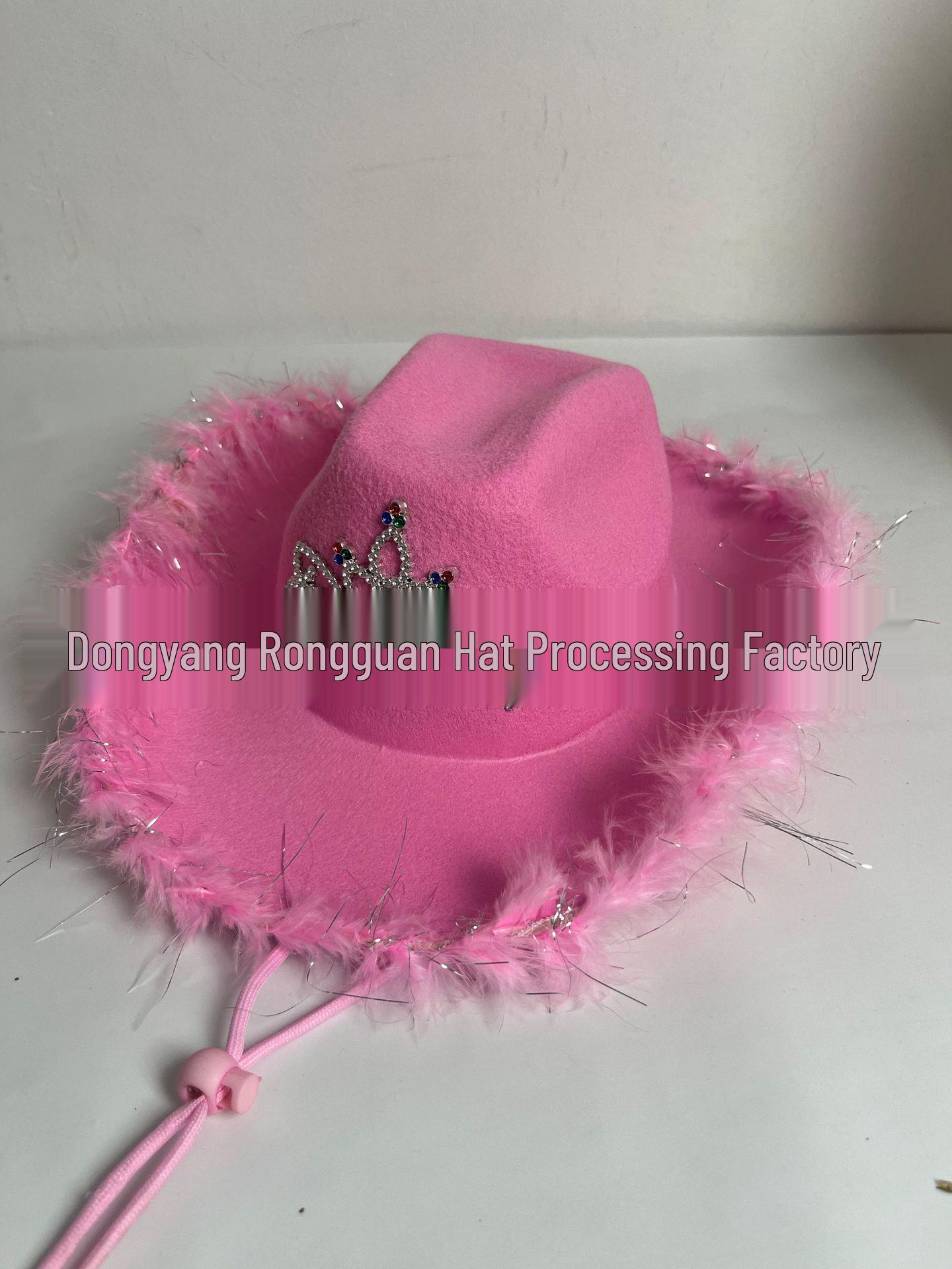 Pink Frayed Denim Cowboy Hat with Silver Thread and Feather Embellishments розовый