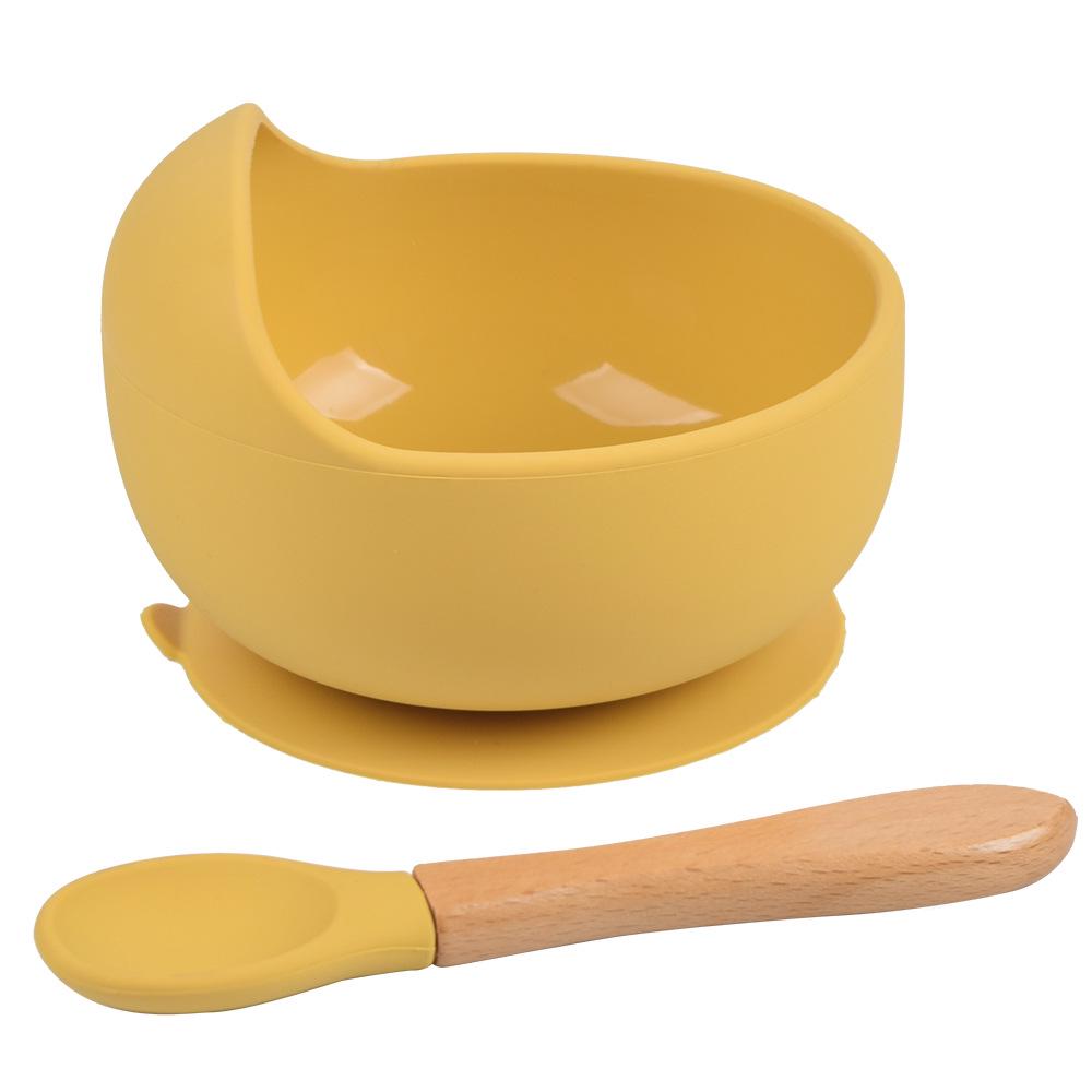 Silicone Baby Bowl & Spoon Set with Wooden Handle and Suction Cup