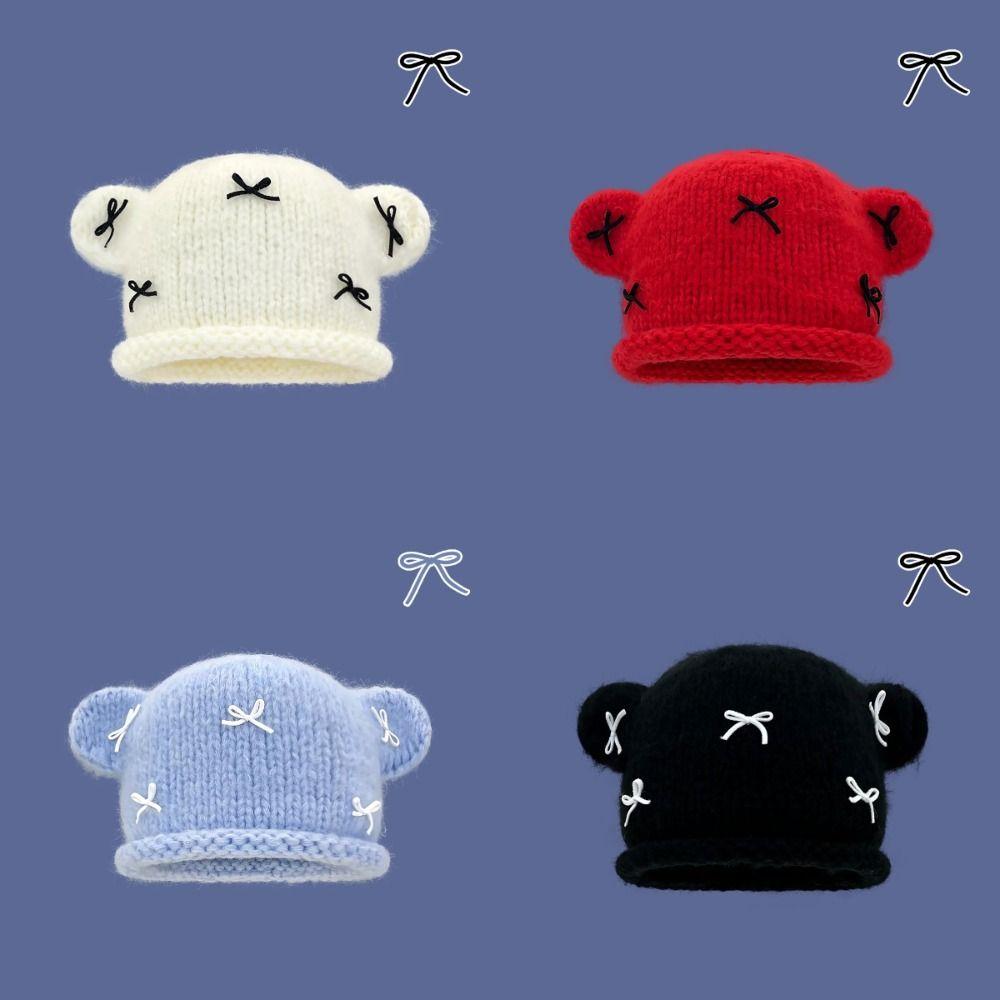 

Bow Pullover Knitted Hat Little Bear Beanies Cap Cute Bucket Hats Women s чорний