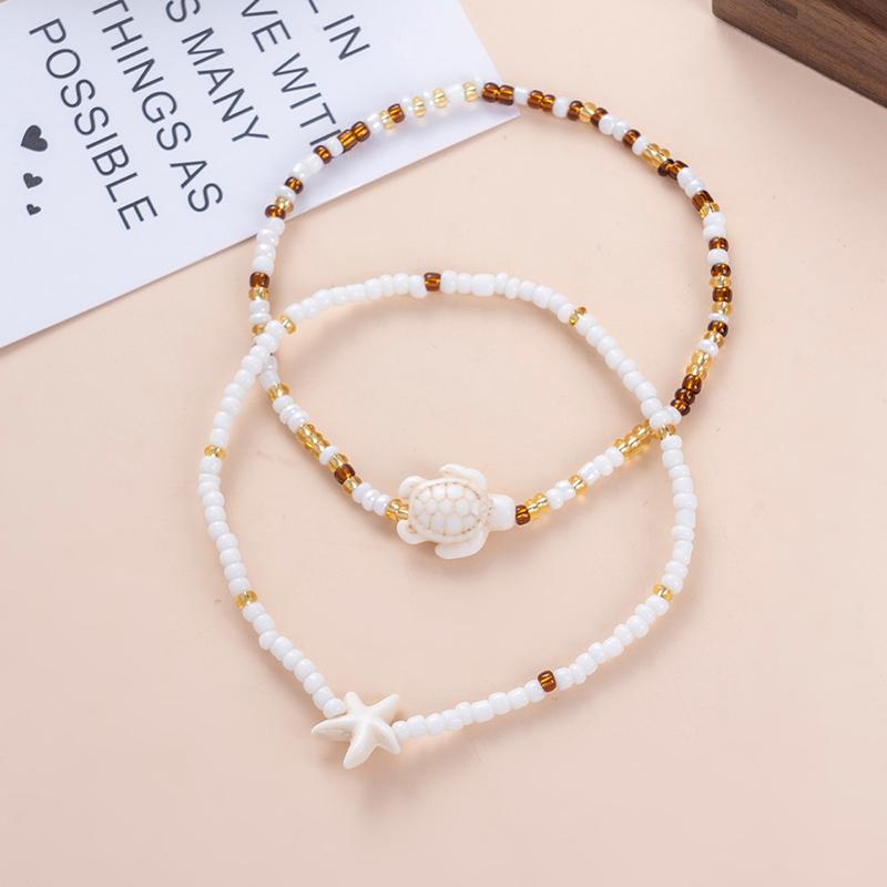 2Pcs Starfish And Turtle Designs Pendant Jewelry Gift For Women Summer Ocean Anklet Necklace Waist Chain
